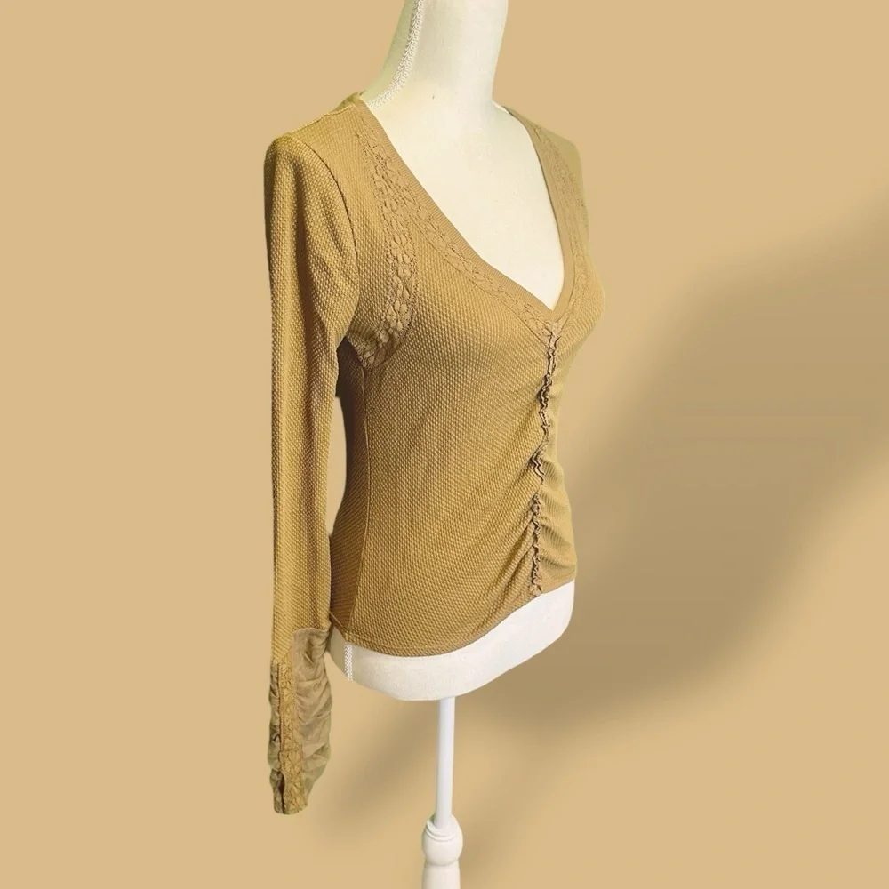 NWOT Free People ‘Wear Me Out’ Thermal Mesh Lace Cuff Sleeve Top in “Olive Leaf”